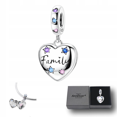 Charms Beads Zawieszka Srebrna S925 Serce Family Kolorowe Kryształ Gwiazdki