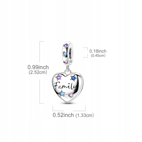 Charms Beads Zawieszka Srebrna S925 Serce Family Kolorowe Kryształ Gwiazdki