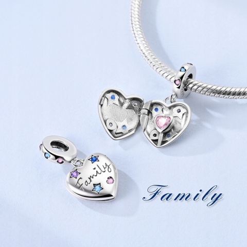 Charms Beads Zawieszka Srebrna S925 Serce Family Kolorowe Kryształ Gwiazdki