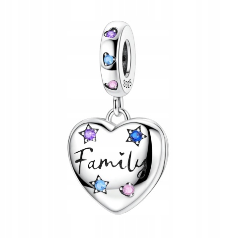 Charms Beads Zawieszka Srebrna S925 Serce Family Kolorowe Kryształ Gwiazdki