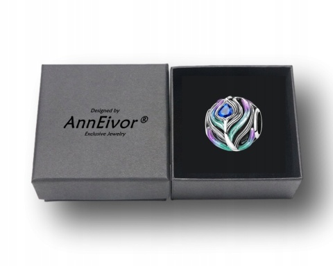 Koralik Charms AnnEivor Zawieszka Pawie Pióro 925 Emalia Niebieski Kryształ