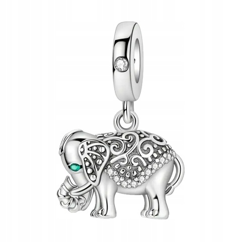 Koralik Zawieszka Srebrna S925 Indyjski Słoń Szczęście Kwiatowy Ornament