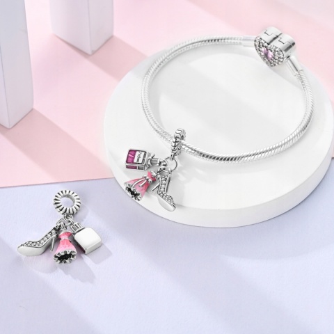 Zawieszka Modułowa Srebrny S925 Różowy Fashion Set Sukienka Szpilki Perfumy