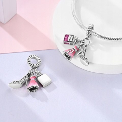 Zawieszka Modułowa Srebrny S925 Różowy Fashion Set Sukienka Szpilki Perfumy