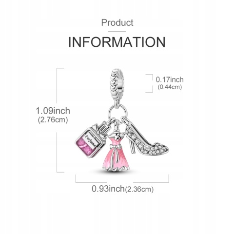 Zawieszka Modułowa Srebrny S925 Różowy Fashion Set Sukienka Szpilki Perfumy