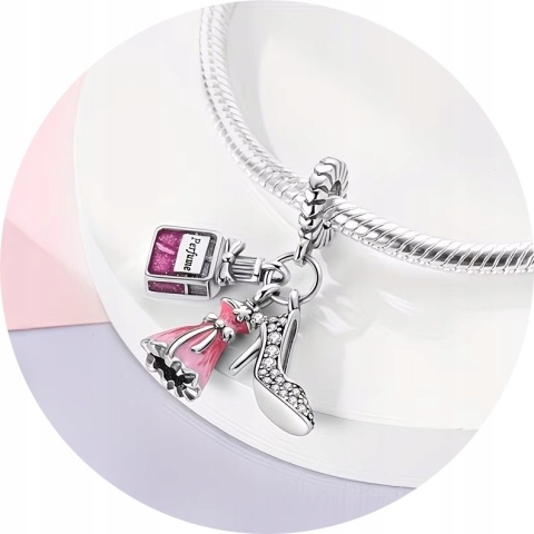Zawieszka Modułowa Srebrny S925 Różowy Fashion Set Sukienka Szpilki Perfumy