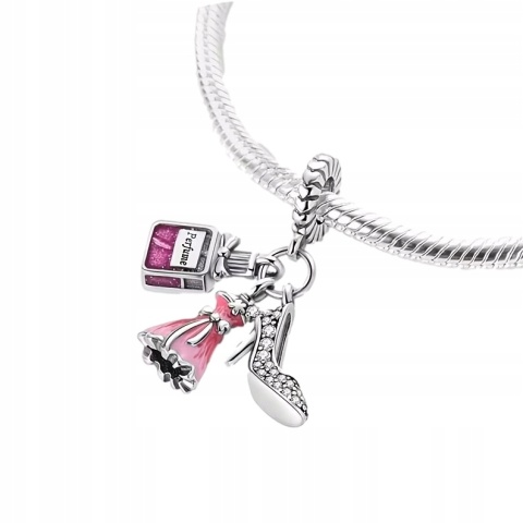 Zawieszka Modułowa Srebrny S925 Różowy Fashion Set Sukienka Szpilki Perfumy