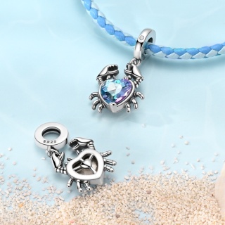Zawieszka Srebrna Dangle S925 Krab Serce Kryształ Lato Plaża Błękit Oceanu