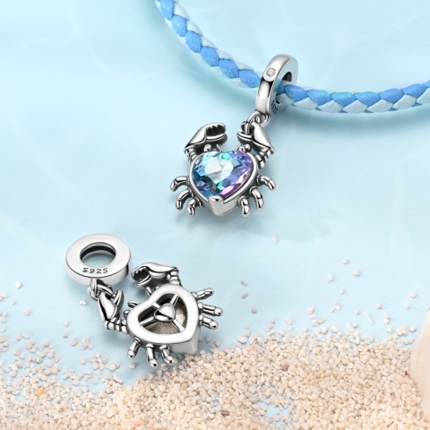 Zawieszka Srebrna Dangle S925 Krab Serce Kryształ Lato Plaża Błękit Oceanu