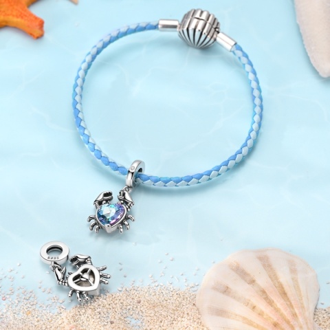 Zawieszka Srebrna Dangle S925 Krab Serce Kryształ Lato Plaża Błękit Oceanu