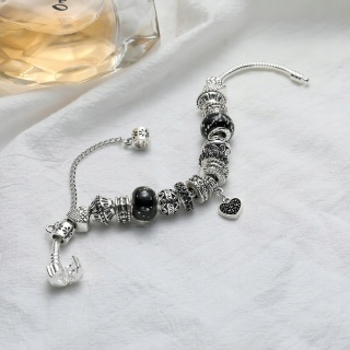 Bransoletka Srebrna Modułowa Czarna Zawieszka Serce Beads Charms 18 cm DIY