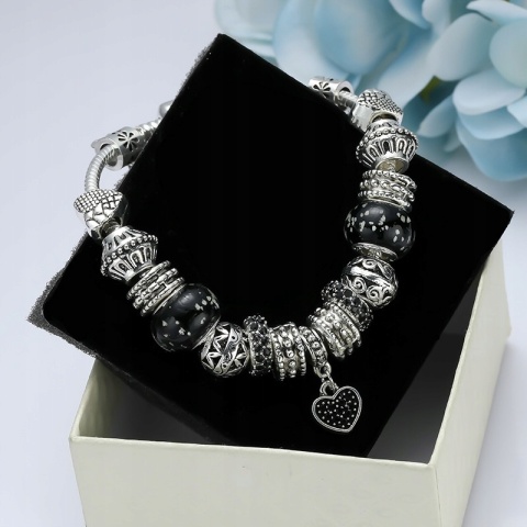 Bransoletka Srebrna Modułowa Czarna Zawieszka Serce Beads Charms 18 cm DIY