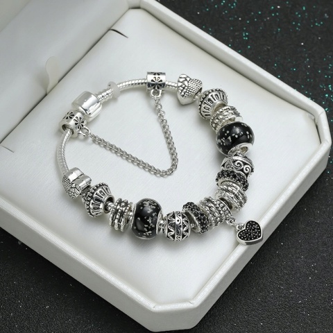 Bransoletka Srebrna Modułowa Czarna Zawieszka Serce Beads Charms 18 cm DIY