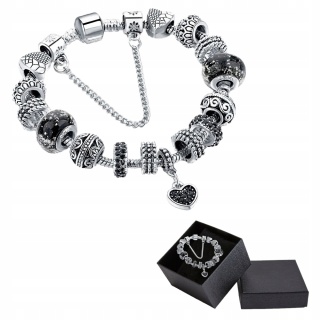 Bransoletka Srebrna Modułowa Czarna Zawieszka Serce Beads Charms 19 cm DIY