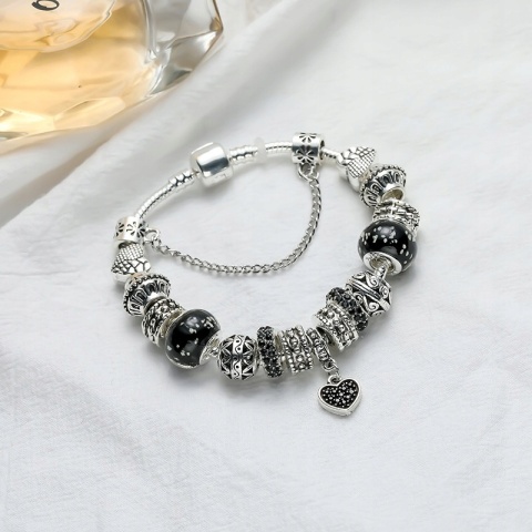 Bransoletka Srebrna Modułowa Czarna Zawieszka Serce Beads Charms 20 cm DIY