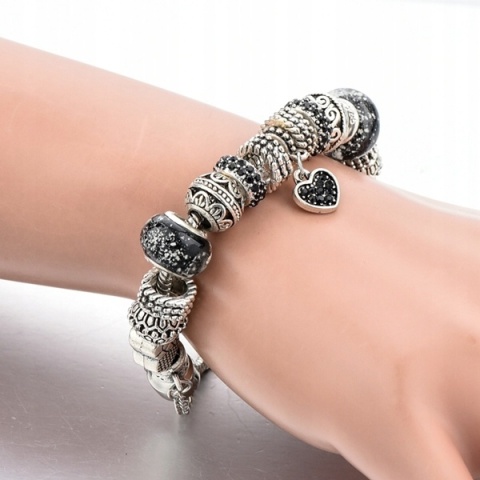 Bransoletka Srebrna Modułowa Czarna Zawieszka Serce Beads Charms 21 cm DIY