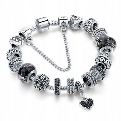 Bransoletka Srebrna Modułowa Czarna Zawieszka Serce Beads Charms 21 cm DIY