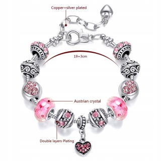 Bransoletka Srebrna Modułowa Różowa Beads Charms Regulowana 19 - 22 cm