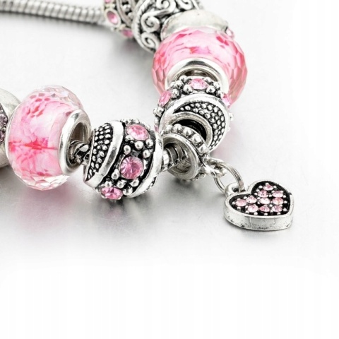 Bransoletka Srebrna Modułowa Różowa Beads Charms Regulowana 19 - 22 cm