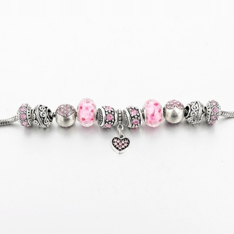 Bransoletka Srebrna Modułowa Różowa Beads Charms Regulowana 19 - 22 cm