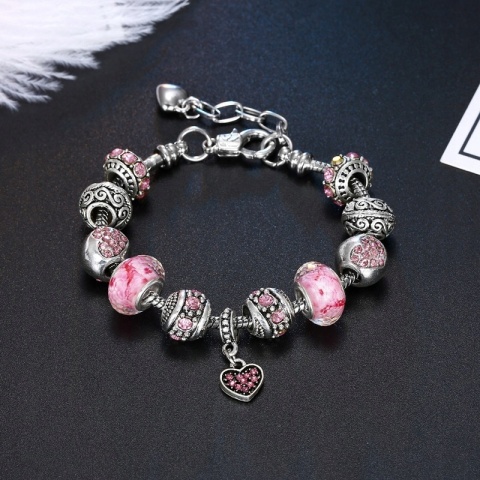 Bransoletka Srebrna Modułowa Różowa Beads Charms Regulowana 19 - 22 cm
