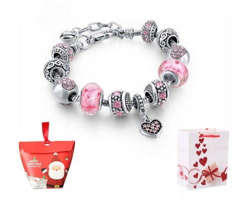 Bransoletka Srebrna Modułowa Różowa Beads Charms Regulowana 19 - 22 cm