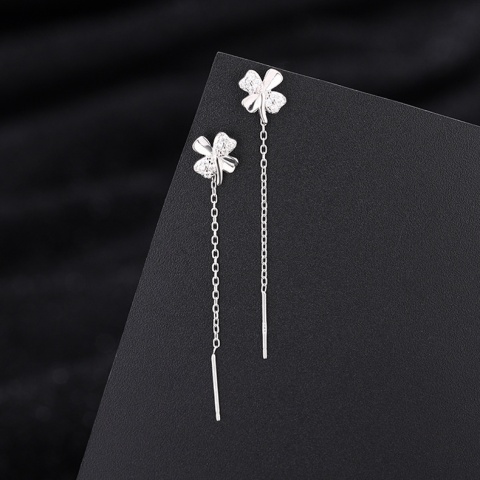 Kolczyki Damskie Srebrne S925 Długie Wiszące Czterolistna Koniczynka
