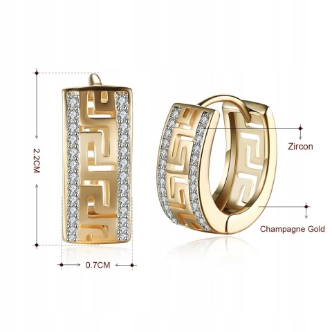Kolczyki Damskie Złote 14k Szerokie Grecki Ornament Kryształki Zatrzask