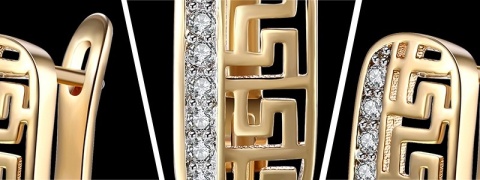 Kolczyki Damskie Złote 14k Szerokie Olimp Ornament Kryształki Zatrzask