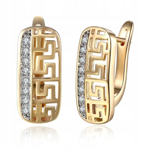 Kolczyki Damskie Złote 14k Szerokie Olimp Ornament Kryształki Zatrzask