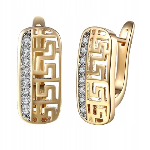 Kolczyki Damskie Złote 14k Szerokie Olimp Ornament Kryształki Zatrzask