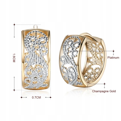 Kolczyki Damskie Złote 14k Szerokie Srebrny Ornament Kryształki Zatrzask