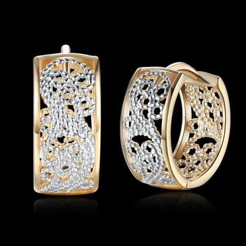 Kolczyki Damskie Złote 14k Szerokie Srebrny Ornament Kryształki Zatrzask