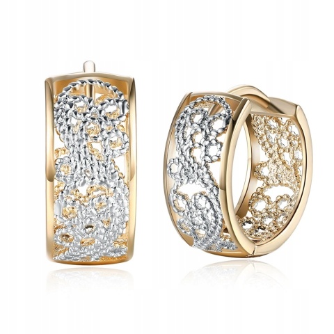 Kolczyki Damskie Złote 14k Szerokie Srebrny Ornament Kryształki Zatrzask