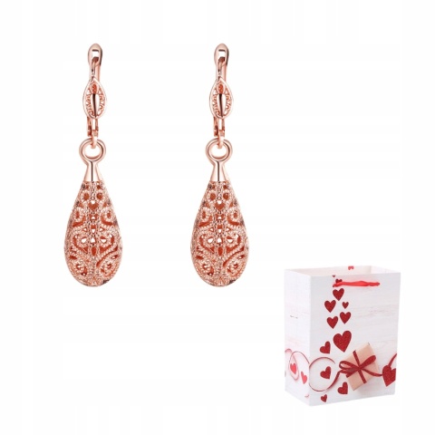 Kolczyki Damskie Złote 18k Długie Wiszące Kropla Wody Ornament Różowe Złoto