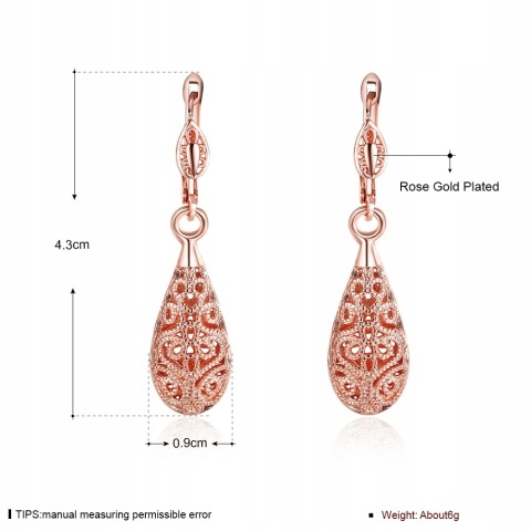 Kolczyki Damskie Złote 18k Długie Wiszące Kropla Wody Ornament Różowe Złoto