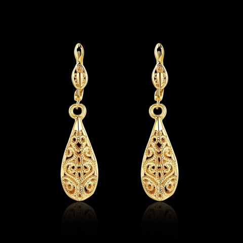 Kolczyki Damskie Złote 18k Długie Wiszące Kropla Wody Ornament Żółte Złoto