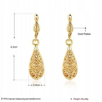 Kolczyki Damskie Złote 18k Długie Wiszące Kropla Wody Ornament Żółte Złoto