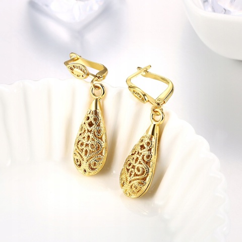 Kolczyki Damskie Złote 18k Długie Wiszące Kropla Wody Ornament Żółte Złoto