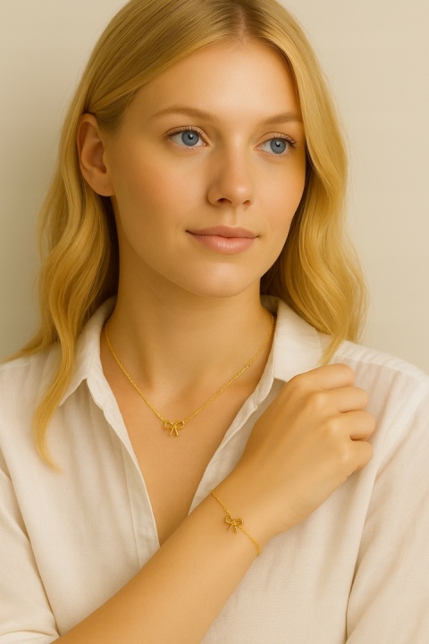 Komplet Damski Złoty Naszyjnik Bransoletka Kokardki Elegancki Prezent