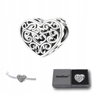 Zawieszka Koralik Modułowy Charms Srebrna S925 Ornament Ażurowe Serce Love