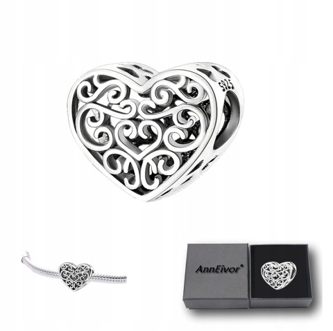 Zawieszka Koralik Modułowy Charms Srebrna S925 Ornament Ażurowe Serce Love