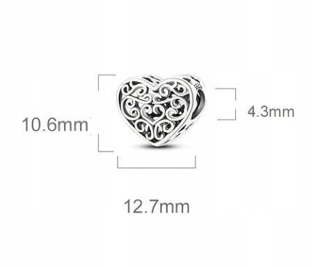 Zawieszka Koralik Modułowy Charms Srebrna S925 Ornament Ażurowe Serce Love