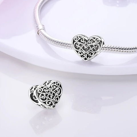 Zawieszka Koralik Modułowy Charms Srebrna S925 Ornament Ażurowe Serce Love