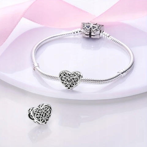 Zawieszka Koralik Modułowy Charms Srebrna S925 Ornament Ażurowe Serce Love