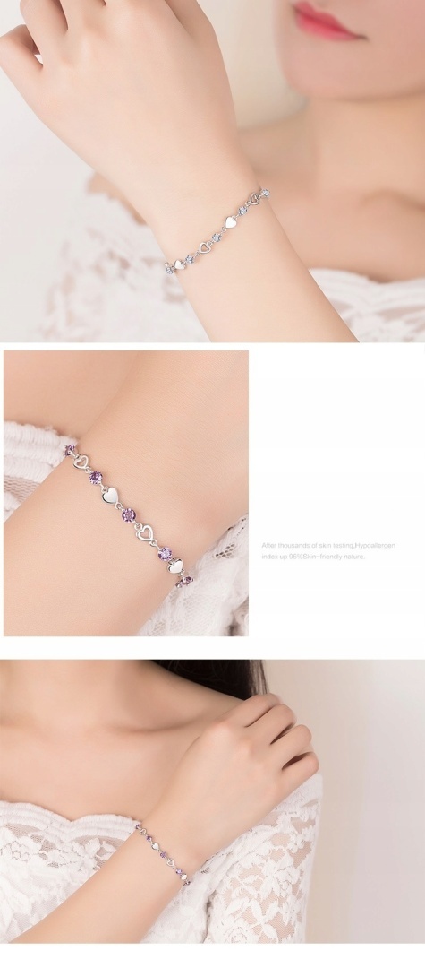 Bransoletka Damska Srebrna Łańcuszki Serduszka Kryształki AnnEivor Prezent