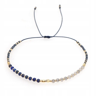 Bransoletka Złota Przeplatana Koraliki Lapis Lazuli Kamień Księżycowy 4 mm