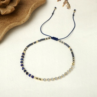 Bransoletka Złota Przeplatana Koraliki Lapis Lazuli Kamień Księżycowy 4 mm
