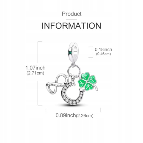 Koralik Modułowy Srebrny S925 Lucky Infinity Koniczyna 4-listna Podkowa