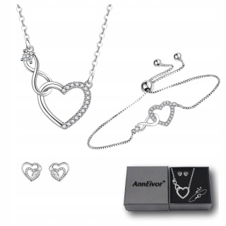 Komplet Biżuterii Srebrny Łańcuszki Zawieszka Serce Znak Nieskończoność